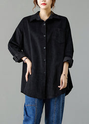 Women Black Peter Pan Collar Pockets Patchwork Corduroy Coats Fall