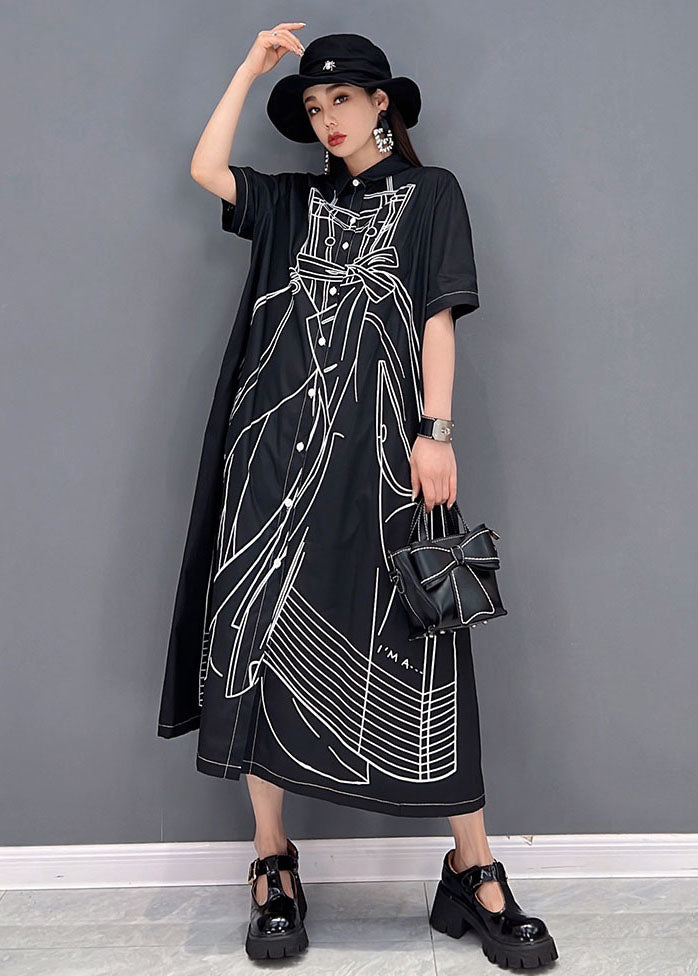 Women Black Peter Pan Collar Print Cotton Linen Shirt Dress Short Sleeve