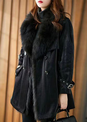 Women Black Peter Pan Collar Tie Waist Patchwork Fuzzy Fur Fluffy Coats Winter