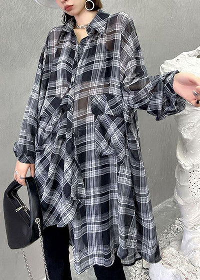 Women Black Plaid Summer Asymmetrical Long sleeve Chiffon shirt - bagstylebliss