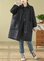 Women Black Pockets Button Patchwork Fine Cotton Filled Coat Winter