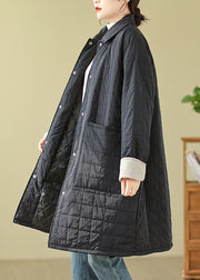 Women Black Pockets Button Patchwork Fine Cotton Filled Coat Winter