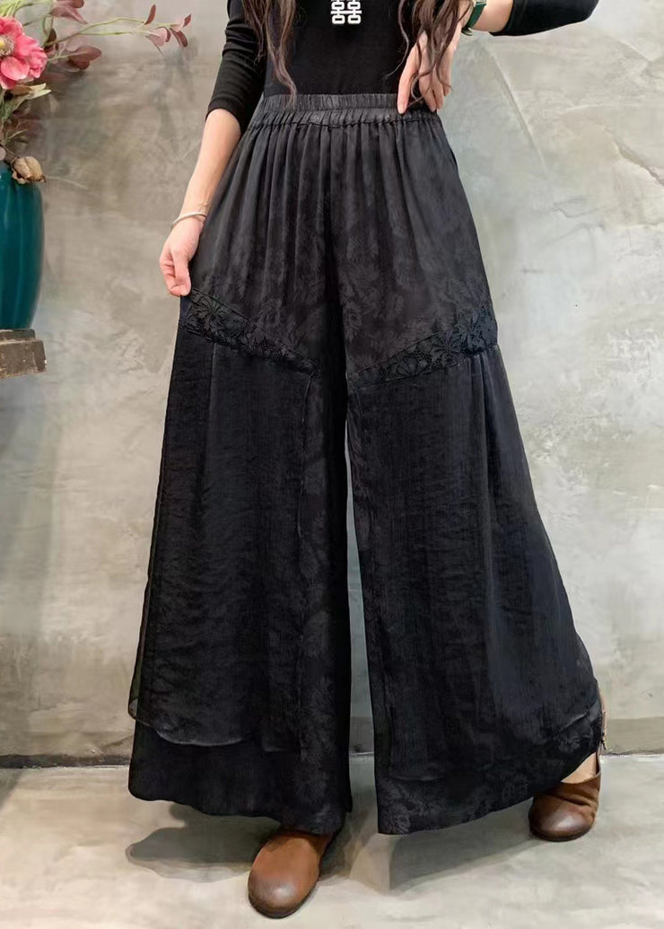 Women Black Pockets Elastic Waist Silk Linen Wide Leg Pants Spring