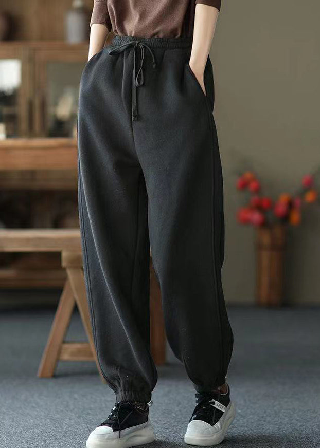 Women Black Pockets Elastic Waist Warm Fleece Pants Spring