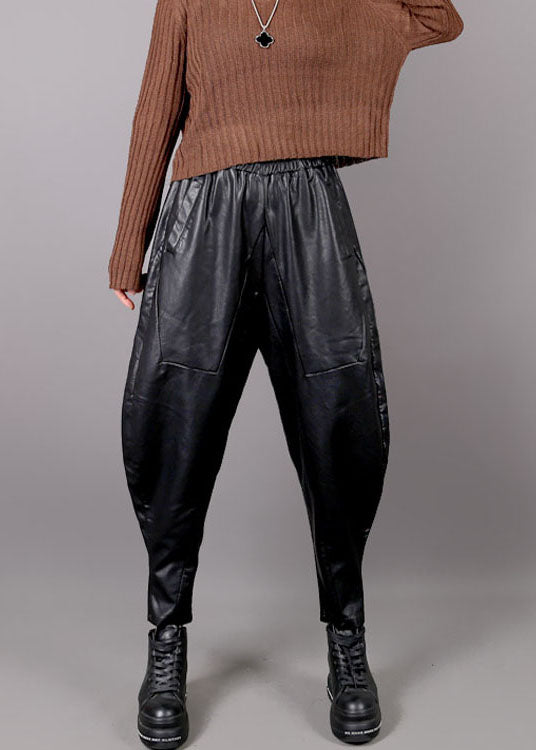 Women Black Pockets Faux Leather harem pants Winter