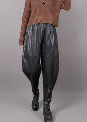 Women Black Pockets Faux Leather harem pants Winter