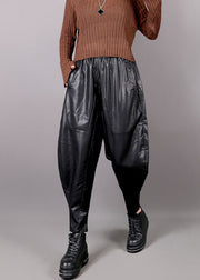 Women Black Pockets Faux Leather harem pants Winter