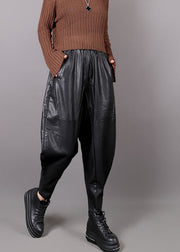 Women Black Pockets Faux Leather harem pants Winter