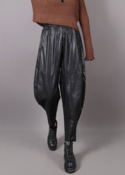 Women Black Pockets Faux Leather harem pants Winter