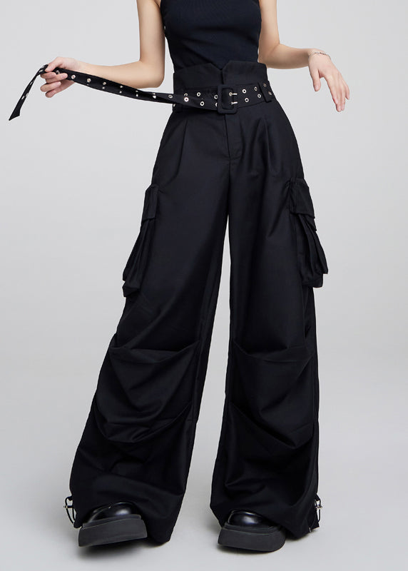 Women Black Pockets High Waist Patchwork Cotton Pants Fall