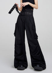 Women Black Pockets High Waist Patchwork Cotton Pants Fall