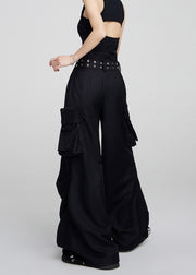 Women Black Pockets High Waist Patchwork Cotton Pants Fall