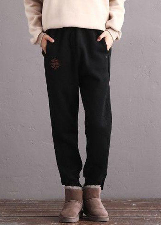 Women Black Pockets thick Warm Fleece Pants Winter