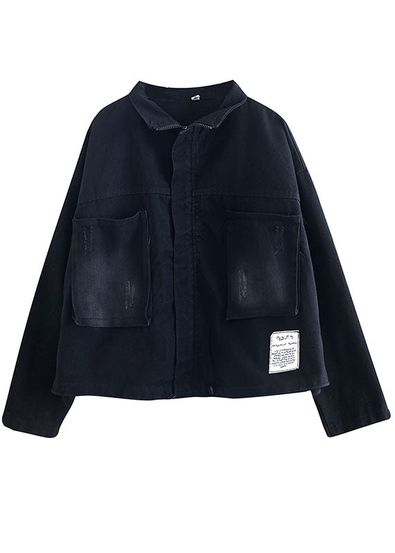 Women Black Pockets zippered drawstring Fall Denim Long sleeve Coat