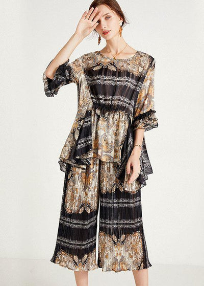 Women Black Print  Apricot O-Neck Top Wide Leg Summer Two Pieces Set - bagstylebliss