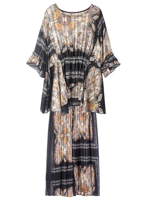 Women Black Print  Apricot O-Neck Top Wide Leg Summer Two Pieces Set - bagstylebliss