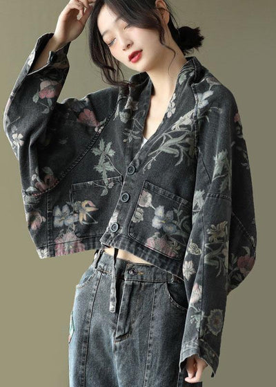 Women Black Print Batwing Sleeve Denim tops - bagstylebliss