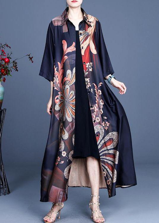 Women Black Print Button Silk Cardigan Long - bagstylebliss