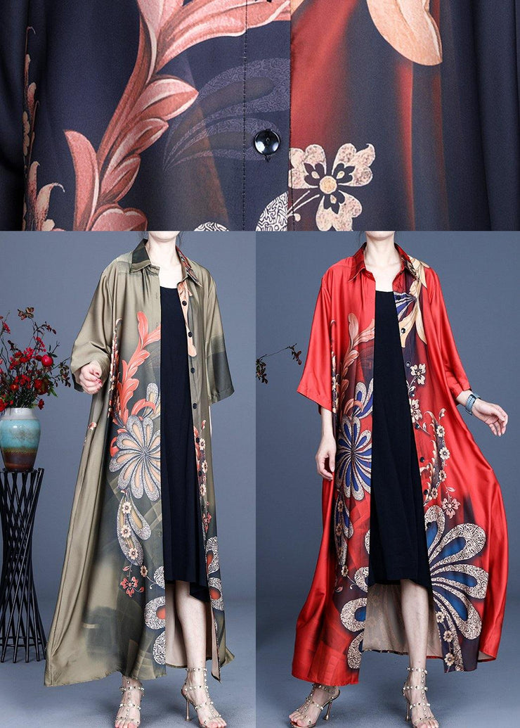 Women Black Print Button Silk Cardigan Long - bagstylebliss