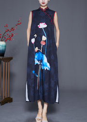 Women Black Print Chinese Button Silk Long Dress Sleeveless