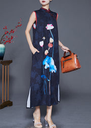 Women Black Print Chinese Button Silk Long Dress Sleeveless