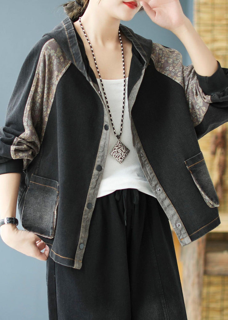 Women Black Print Patchwork Loose Fall Denim Hoodie Coat