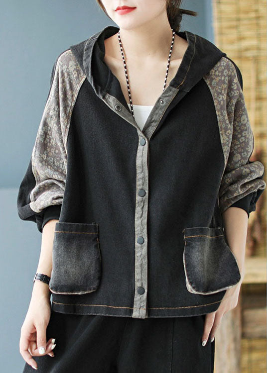 Women Black Print Patchwork Loose Fall Denim Hoodie Coat