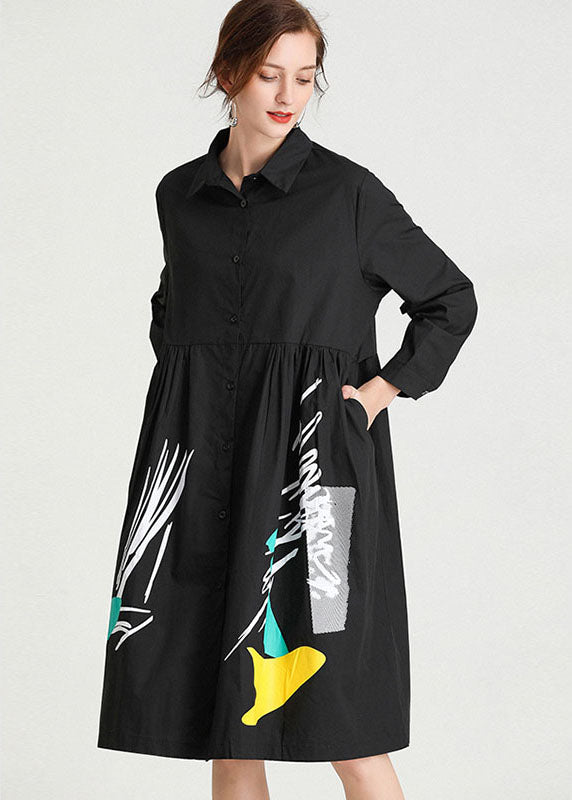 Women Black Print Patchwork shirts Dress Fall