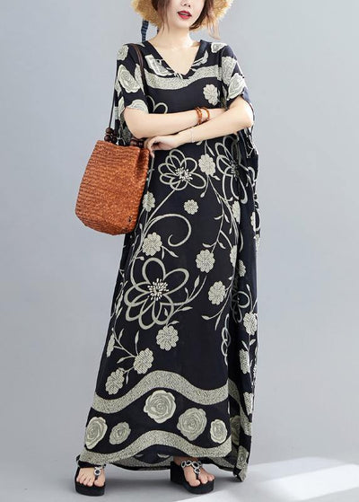 Women Black Print V Neck Batwing Sleeve Robe Spring Dress - bagstylebliss