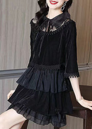 Women Black Ruffled Tasseled Patchwork Velour Mid Dress Fall