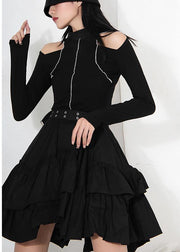 Women Black Ruffles Button Summer Skirts - bagstylebliss