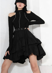 Women Black Ruffles Button Summer Skirts - bagstylebliss