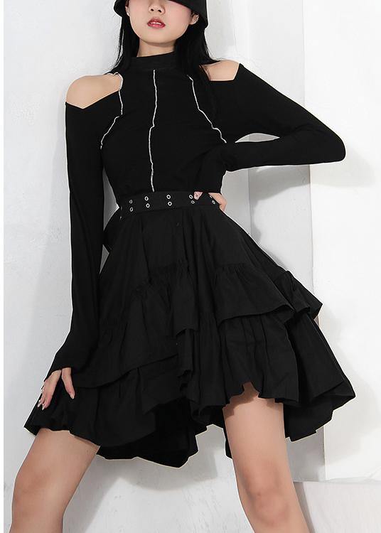 Women Black Ruffles Button Summer Skirts - bagstylebliss
