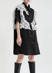 Women Black Ruffles Patchwork Summer Button Party Dress Short Sleeve - bagstylebliss