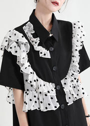 Women Black Ruffles Patchwork Summer Button Party Dress Short Sleeve - bagstylebliss