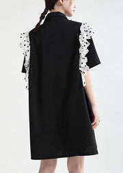 Women Black Ruffles Patchwork Summer Button Party Dress Short Sleeve - bagstylebliss