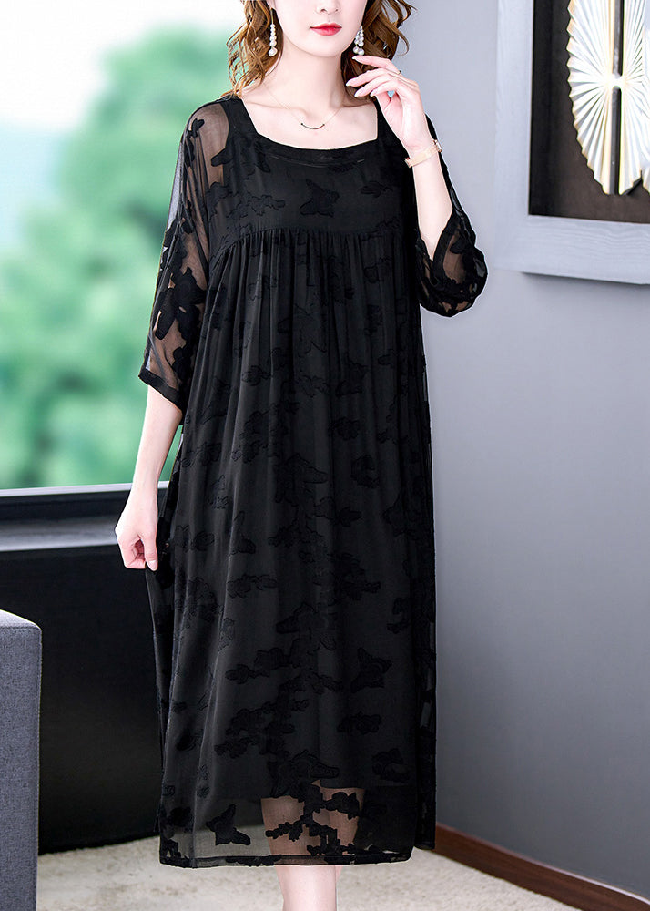 Women Black Square Collar Embroideried Chiffon Dress Two Pieces Set Summer