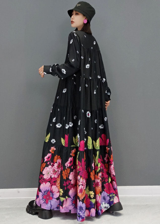 Women Black Stand Collar Floral Print Cotton Long Dress Long Sleeve