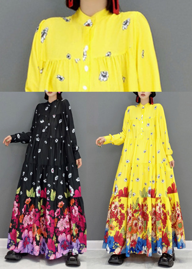 Women Black Stand Collar Floral Print Cotton Long Dress Long Sleeve