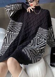 Women Black Stand Collar Jacquard Loose Fall Knit sweaters