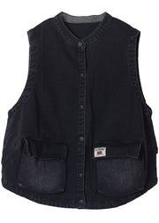 Women Black Stand Collar Pockets Button Fall Sleeveless Waistcoat