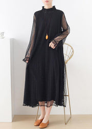 Women Black Stand Long sleeve Ankle Summer Chiffon Dress - bagstylebliss