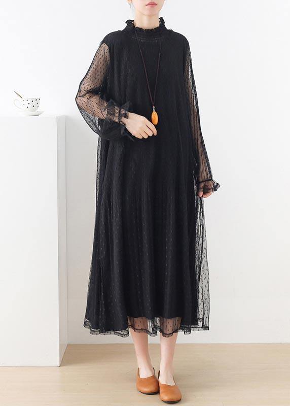 Women Black Stand Long sleeve Ankle Summer Chiffon Dress - bagstylebliss