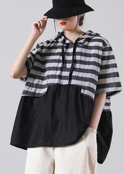 Women Black Striped Patchwork Cotton Linen Blouses Summer - bagstylebliss