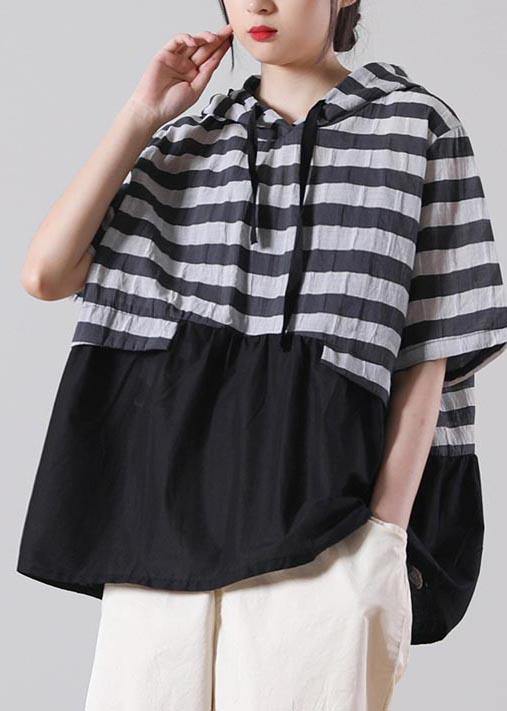 Women Black Striped Patchwork Cotton Linen Blouses Summer - bagstylebliss