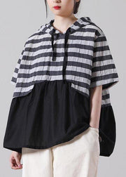 Women Black Striped Patchwork Cotton Linen Blouses Summer - bagstylebliss