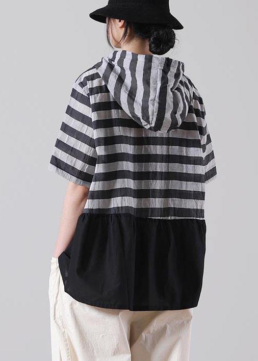 Women Black Striped Patchwork Cotton Linen Blouses Summer - bagstylebliss