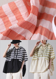 Women Black Striped Patchwork Cotton Linen Blouses Summer - bagstylebliss