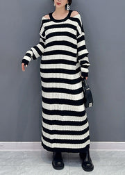 Women Black Striped Side Open Patchwork Knit Cardigan Fall