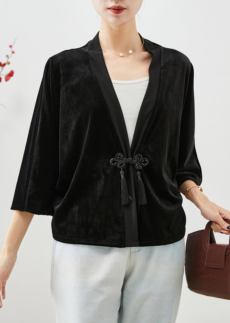 Women Black Tasseled Chinese Button Silk Velour Coats Fall